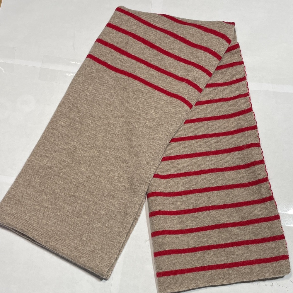 Heathered Tan and Poppy Striped Women's Scarf Wool/Cashmere 16" x 72"